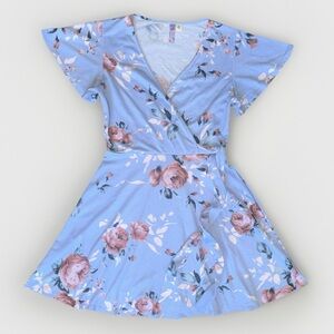 Alya A-Line Wrap Dress Women's M Blue/Pink Floral Short Sleeve V-Neck
